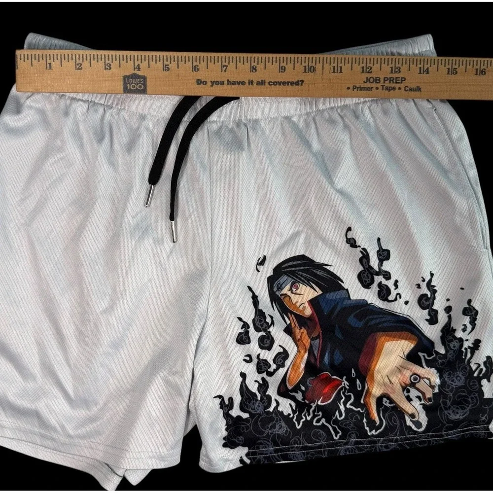 Naruto Anime Itachi Uchiha Graphic Print Men's White Mesh Gym Shorts Large